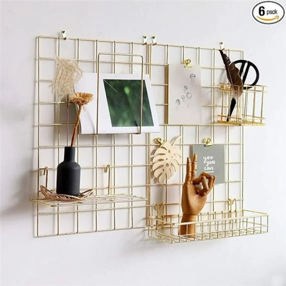 Gold Wall Grid Panel Set Photo Display Organizer with Hooks Clips 2 Pack